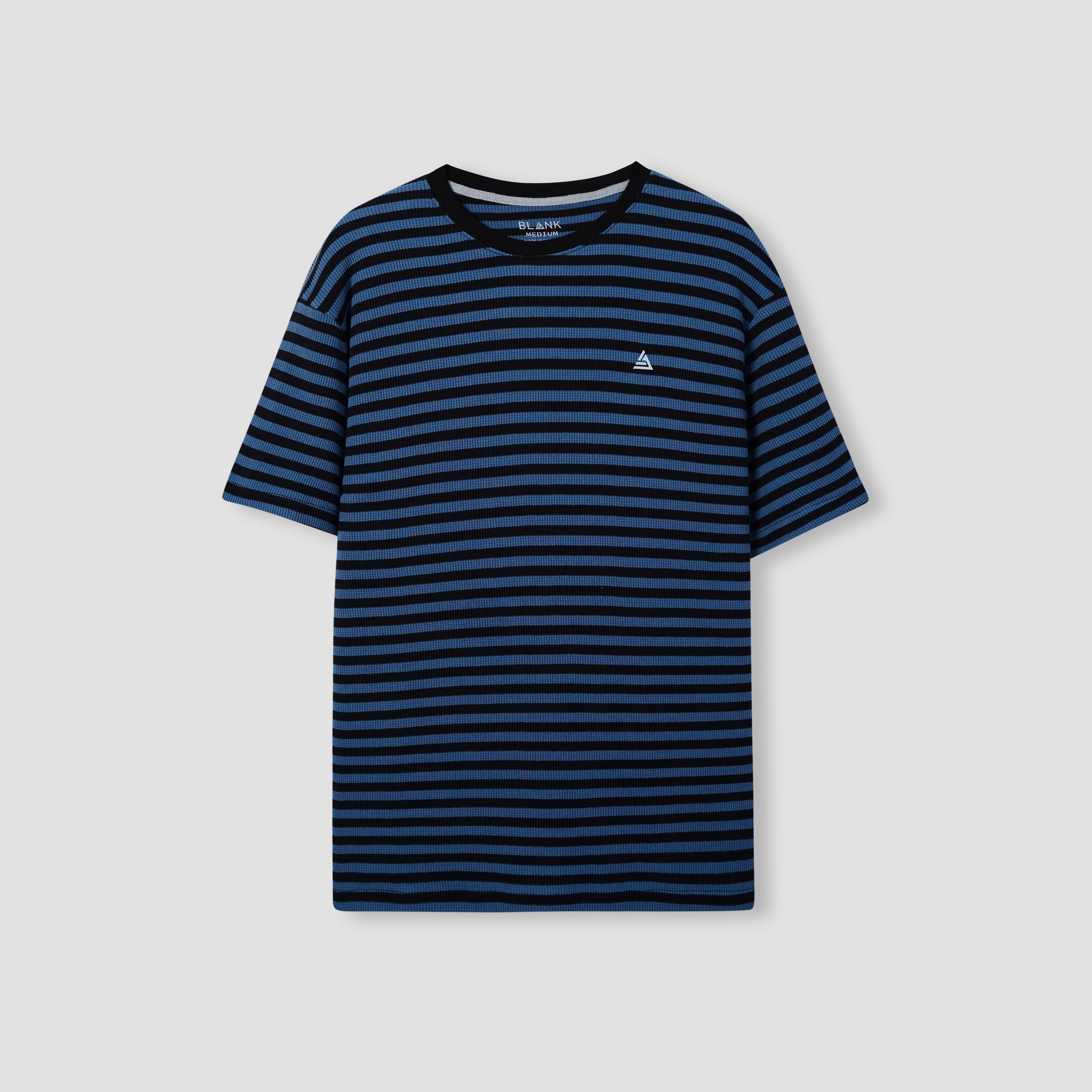 Blue Striped Textured Crew Neck