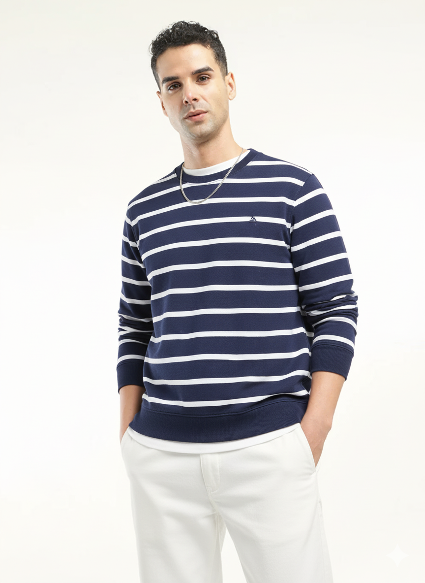 Navy Blue Striped Fleece Sweatshirt