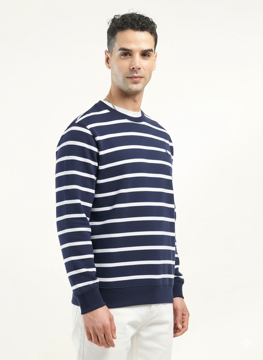 Navy Blue Striped Fleece Sweatshirt